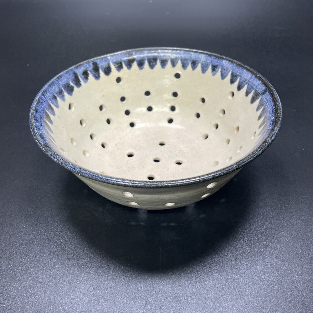 Handmade Studio Pottery Stoneware Berry Colander Blue Cream 7.5 in Bowl